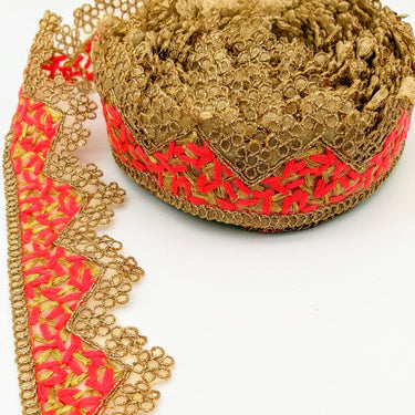 Gold Sheer Tissue Fabric Cutwork Trim with Embroidery in Gold and Orange, Scallop Trim, Fringe Trim